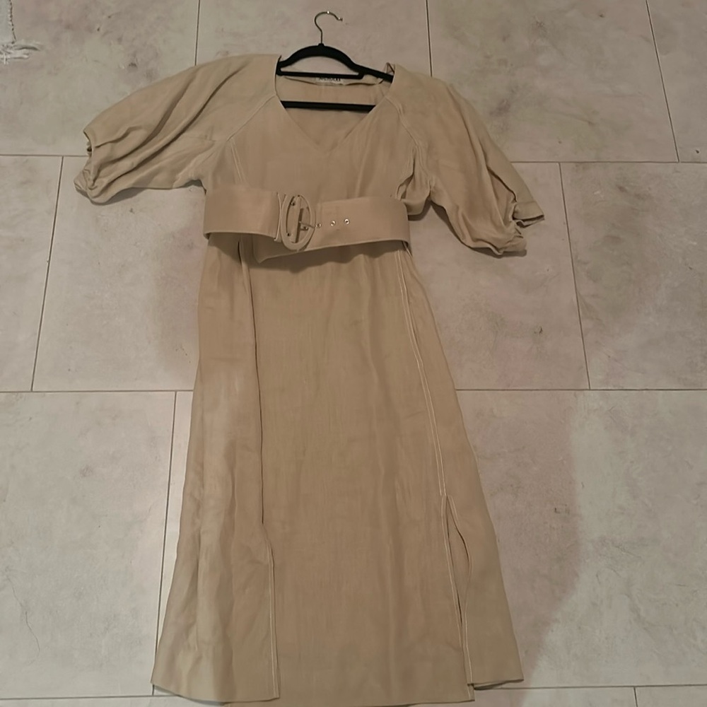 Nicholas puff sleeve beige dress with belted waist
